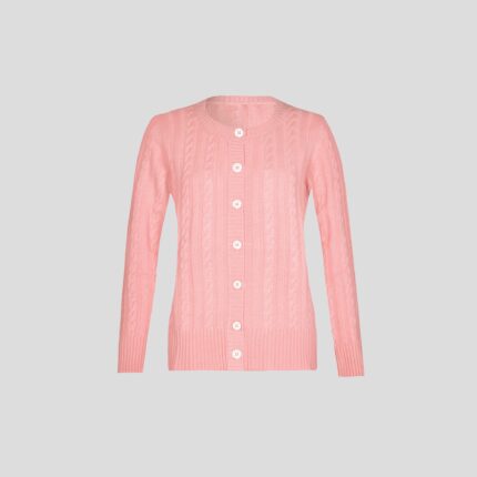 Lona Scott Women's Classic Cashmere Cable Cardigan in Pink. A luxurious cardigan featuring a classic cable knit design, offering both warmth and sophistication