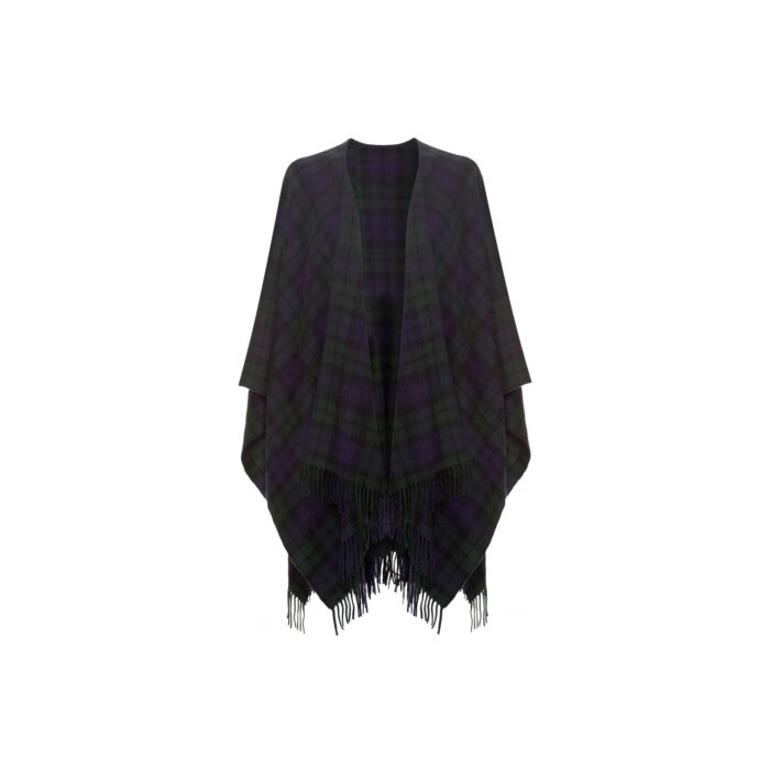 Womens Lambswool Ruana Cape, a soft cashmere cape in Black Watch Tartan