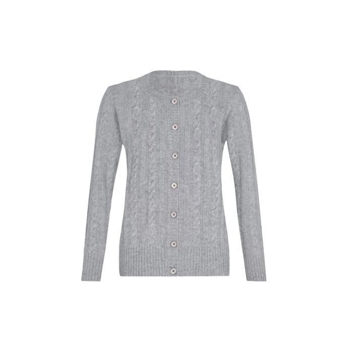 Lona Scott Women's Classic Cashmere Cable Cardigan in Grey. Featuring a classic cable knit design, offering both warmth and sophistication