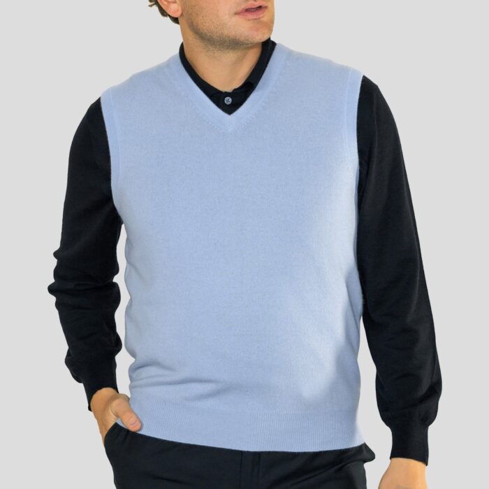 Menswear Light Blue Slipover Vest, made from 100% Luxury Cashmere
