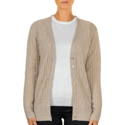 Lona Scott, Womens Long Cable Cashmere Cardigan, Beige