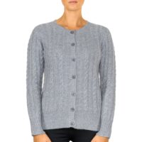 Lona Scott Women's Classic Cashmere Cable Cardigan in Grey. Featuring a classic cable knit design, offering both warmth and sophistication