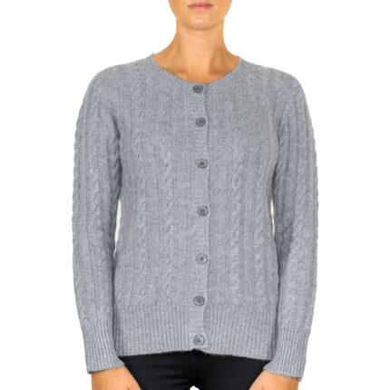 Lona Scott Women's Classic Cashmere Cable Cardigan in Grey. Featuring a classic cable knit design, offering both warmth and sophistication