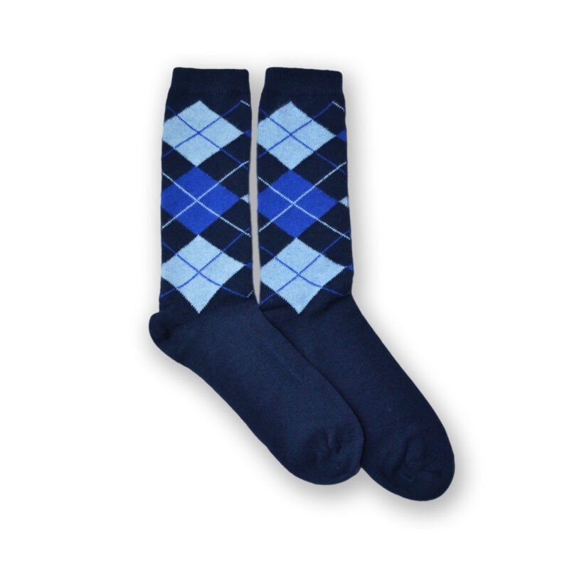Men's Argyle Cashmere socks by Lona Scott in navy, crafted from 100% cashmere for luxurious softness, warmth, and all-day comfort