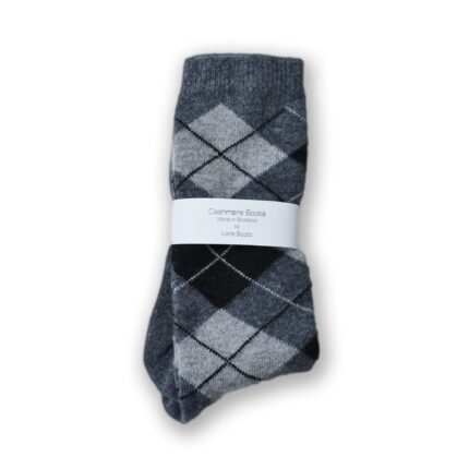 Men's Argyle Cashmere socks by Lona Scott in grey, crafted from 100% cashmere for luxurious softness, warmth, and all-day comfort