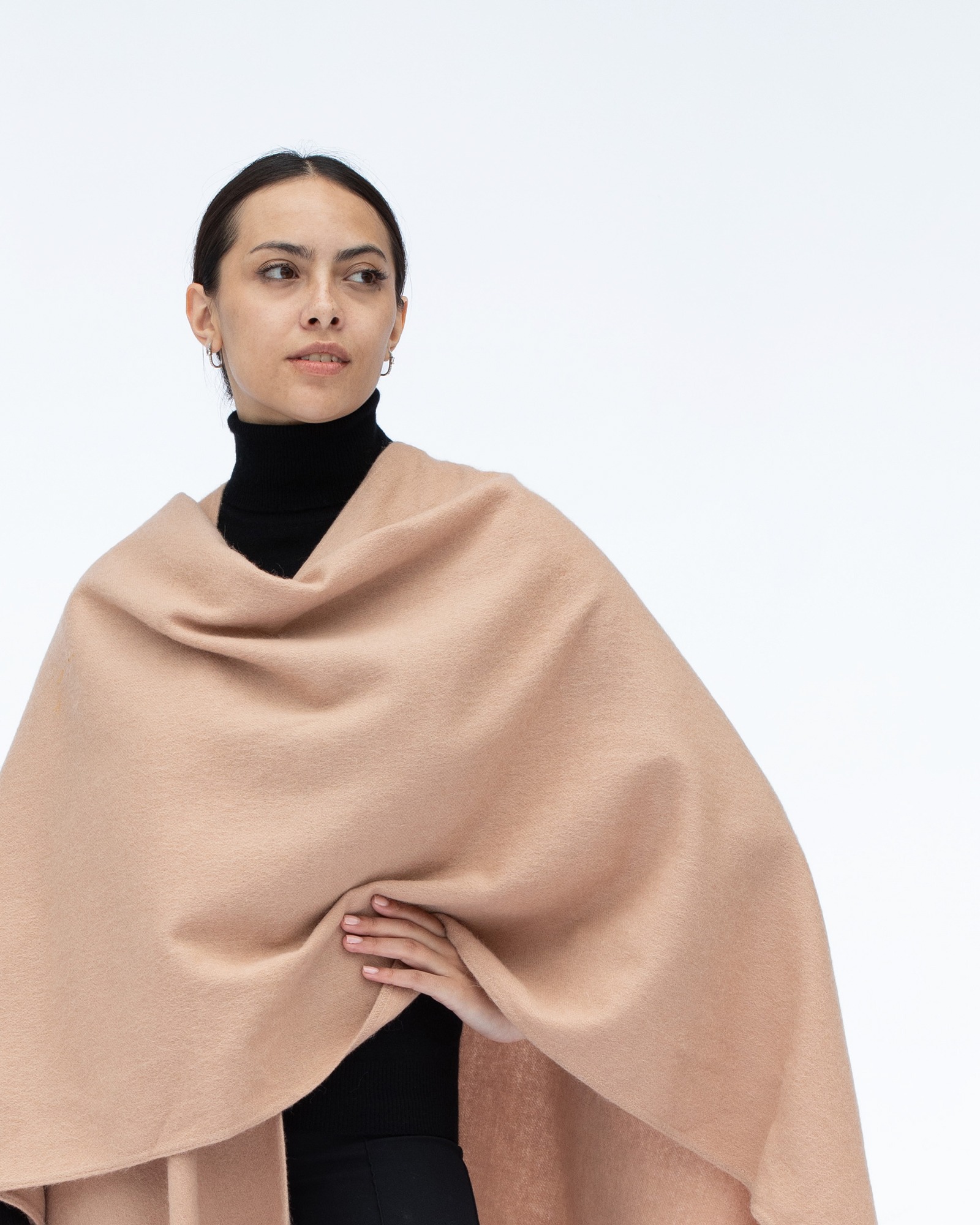 Model Wearing Lona Scott Lambswool Ruana Cape, a soft high-quality lambswool cape in Camel