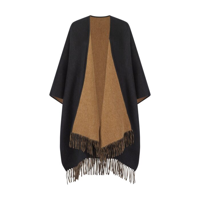 Ladies 100% Ladies Lambswool Reversible Ruana, in Black and Vicuna