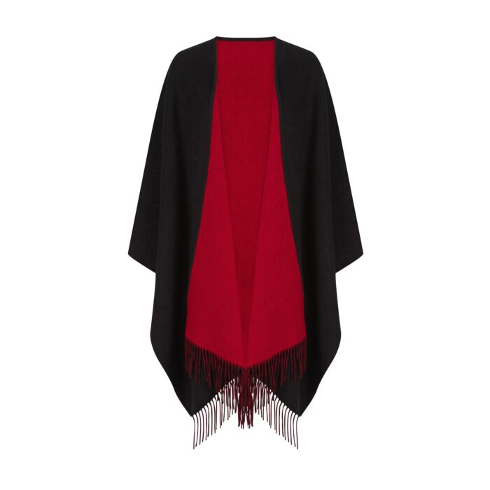 100% Lambswool Ruana, a new reversible design. 2 in 1 functionality, in black & red