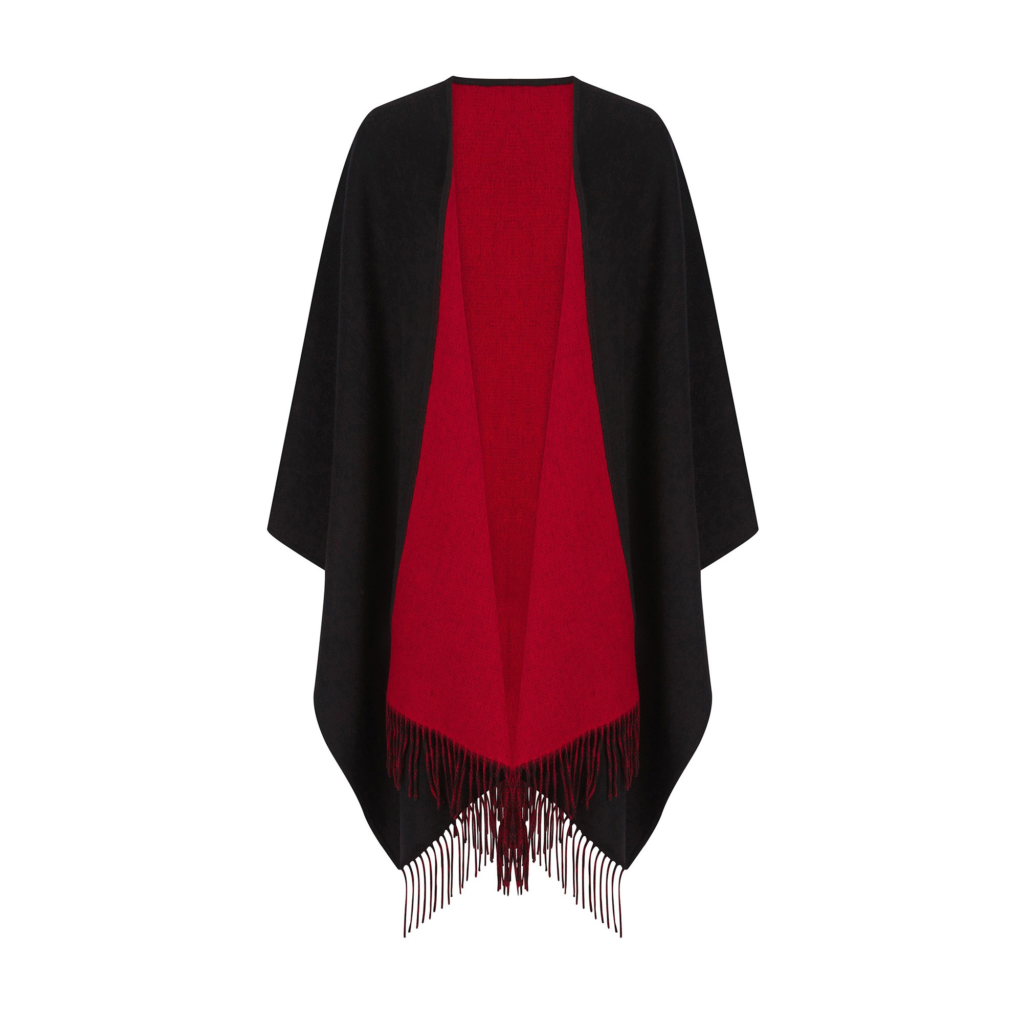 100% Lambswool Ruana, a new reversible design. 2 in 1 functionality, in black & red