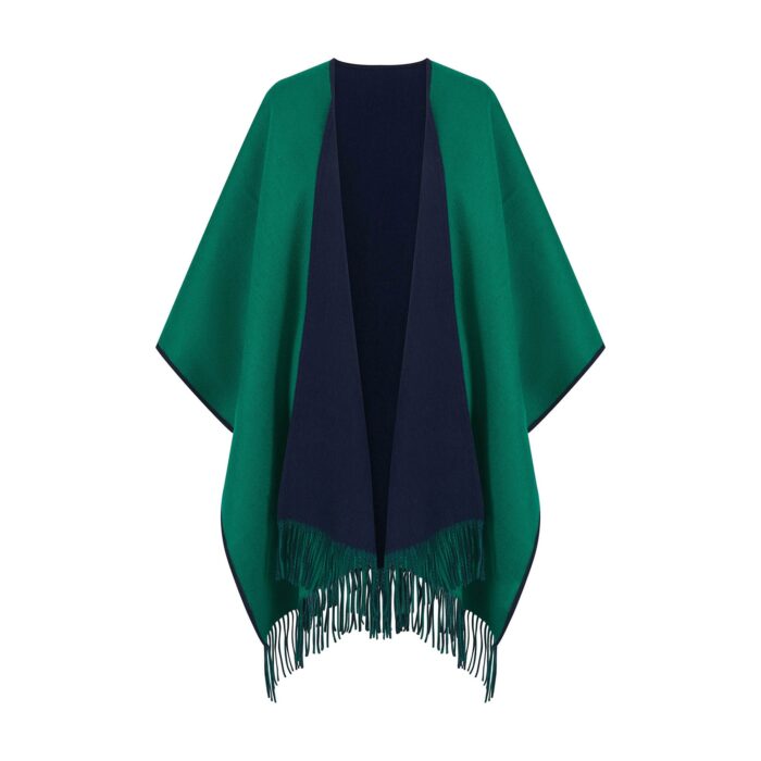 100% Lambswool Ruana, a new reversible design. 2 in 1 functionality, in Navy & Green