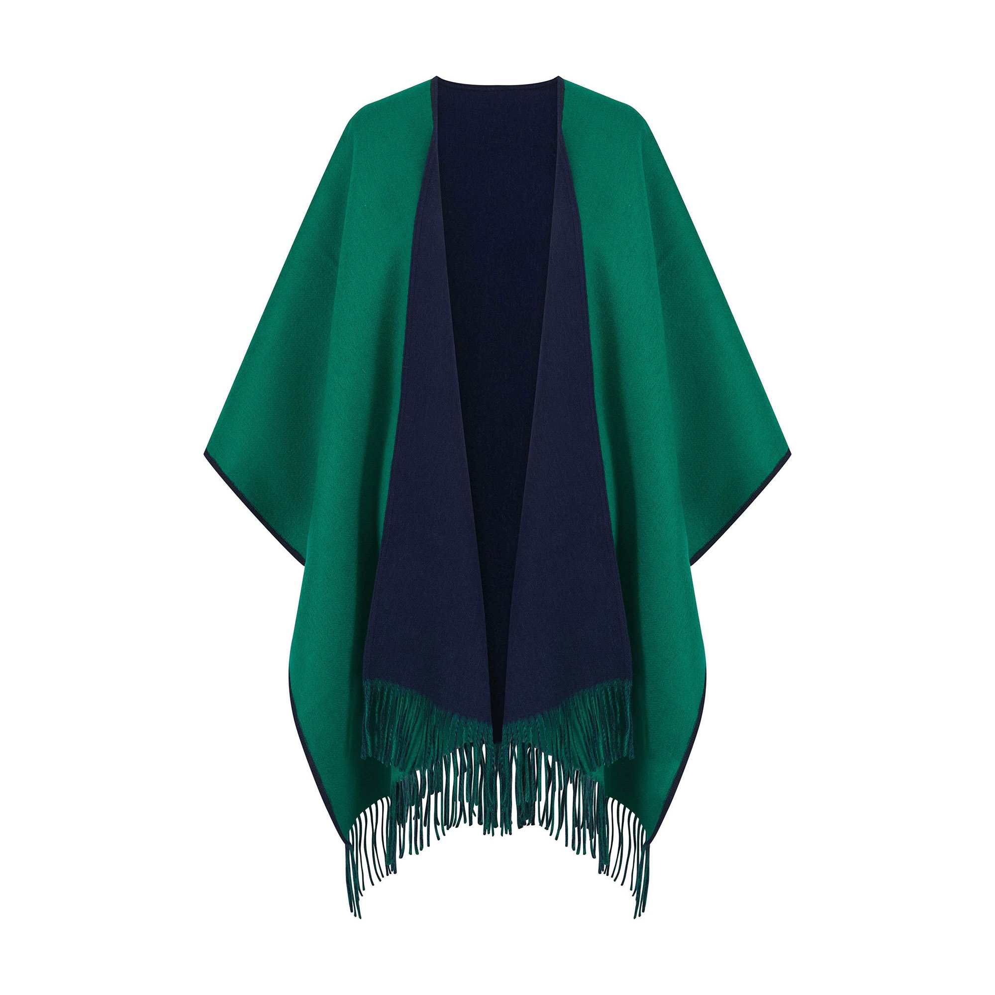 100% Lambswool Ruana, a new reversible design. 2 in 1 functionality, in Navy & Green