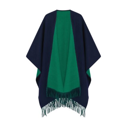 100% Lambswool Ruana, a new reversible design. 2 in 1 functionality, in Navy & Green