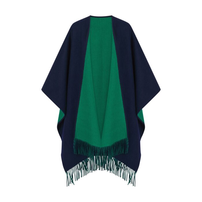100% Lambswool Ruana, a new reversible design. 2 in 1 functionality, in Navy & Green