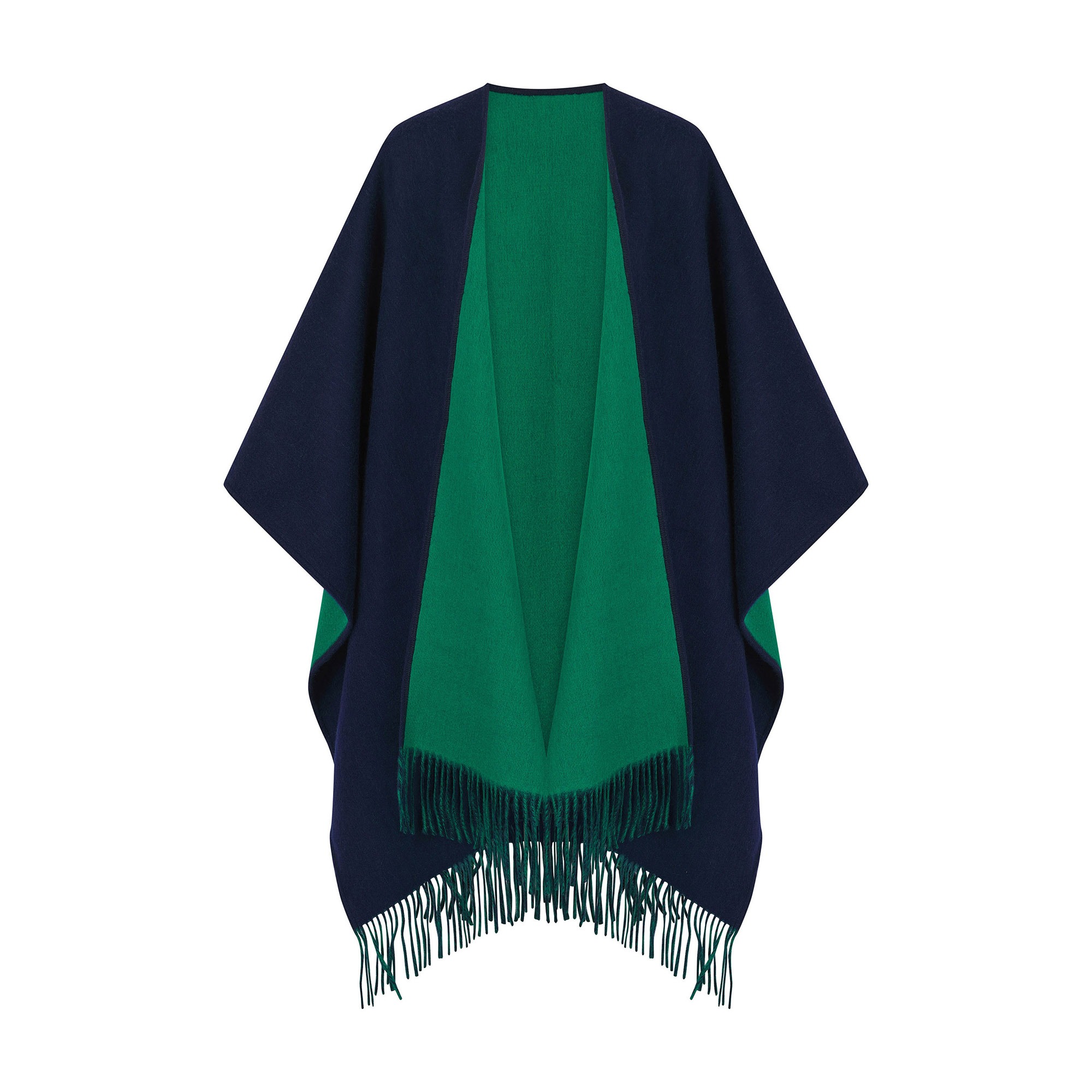 100% Lambswool Ruana, a new reversible design. 2 in 1 functionality, in Navy & Green