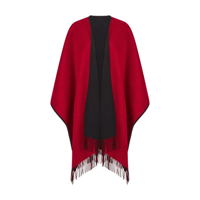 100% Lambswool Ruana, a new reversible design. 2 in 1 functionality, in Black & Red