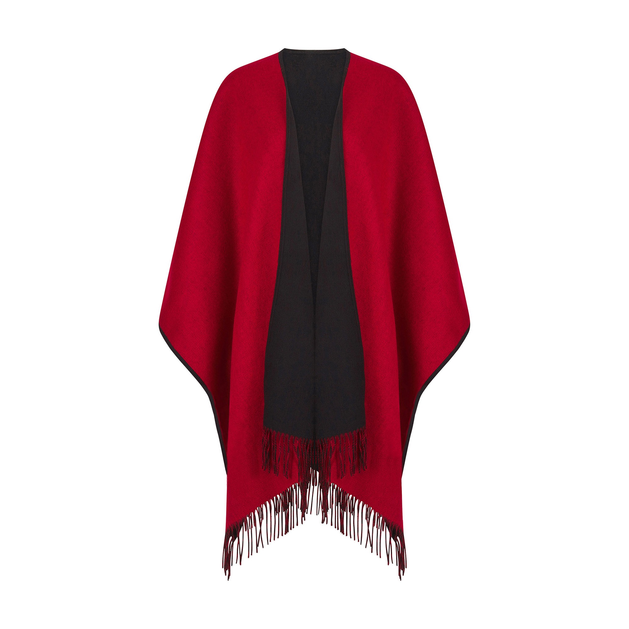 100% Lambswool Ruana, a new reversible design. 2 in 1 functionality, in Black & Red