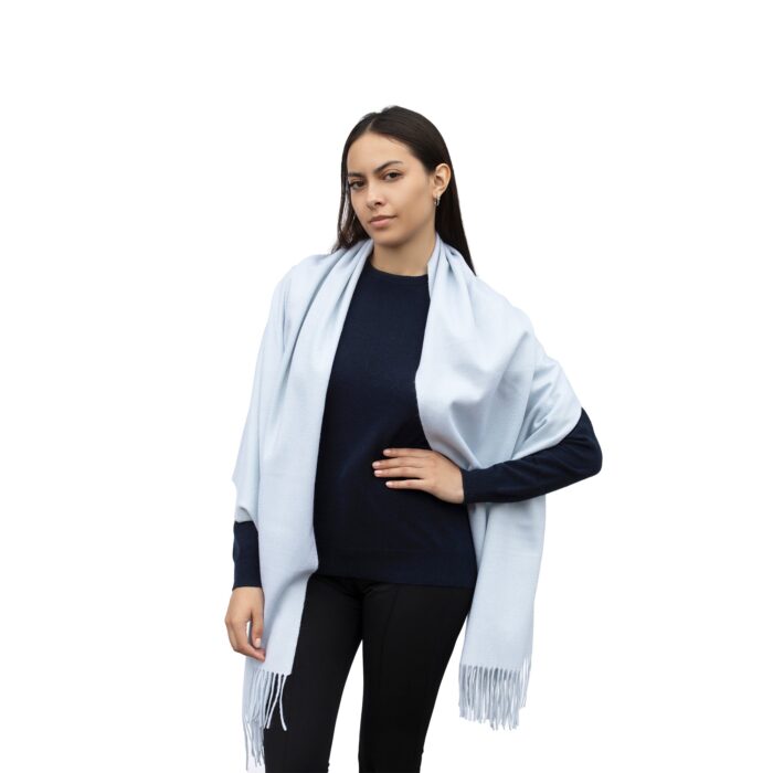 Model wearing Lona Scott Cashmere Shawl, in Light blue