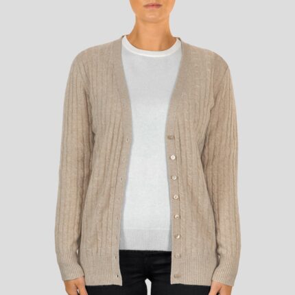 Lona Scott featuing a Women's Long Cable Cashmere Cardigan, in Camel