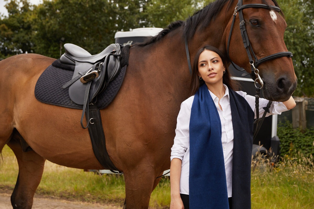 Reversible Soft Cashmere Scarf, from our new collection, model wearing navy & slate