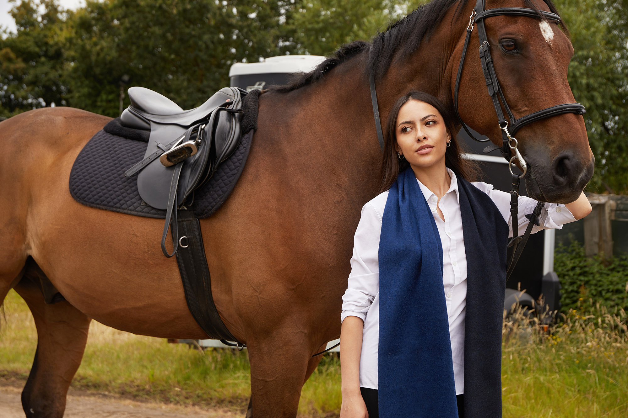 Reversible Soft Cashmere Scarf, from our new collection, model wearing navy & slate