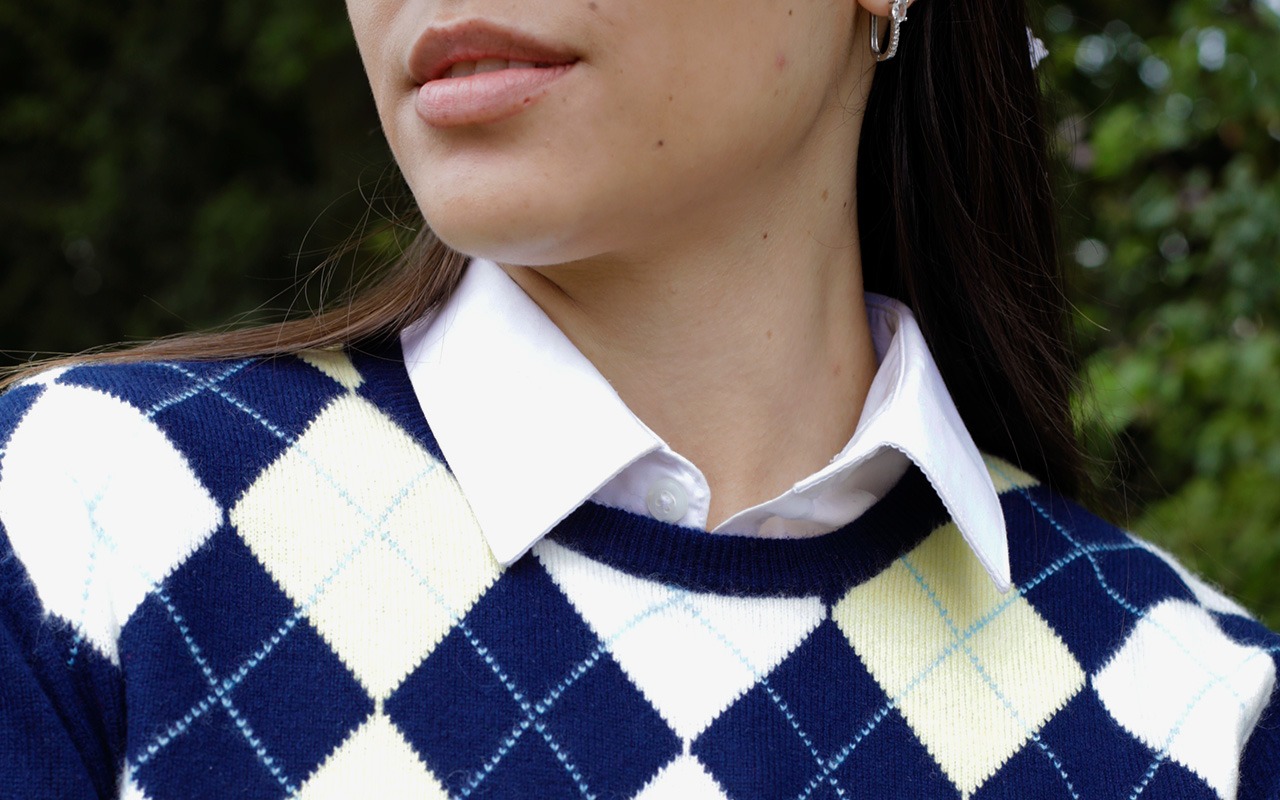 Women's Cashmere Argyle Round Neck Jumper, Navy